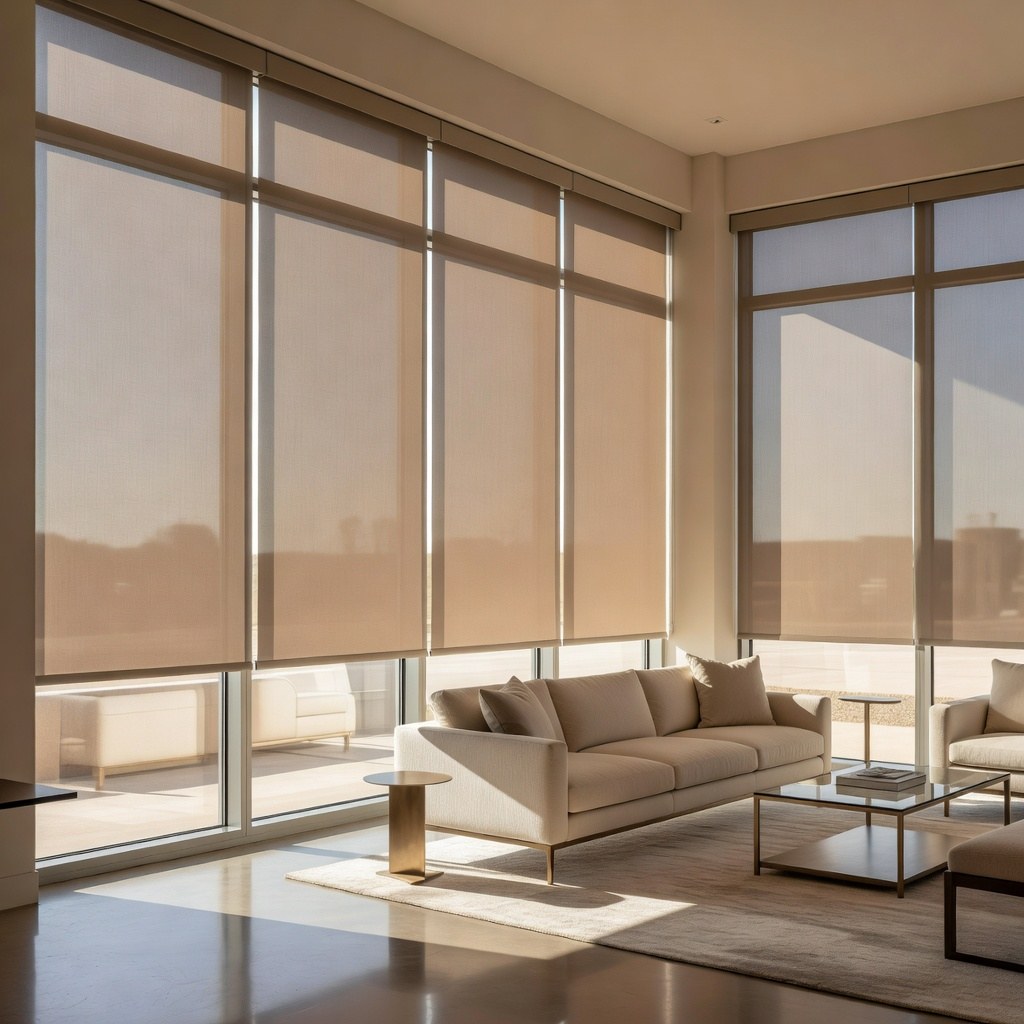 Wide modern living room view with roller shades filtering Arizona sunlight