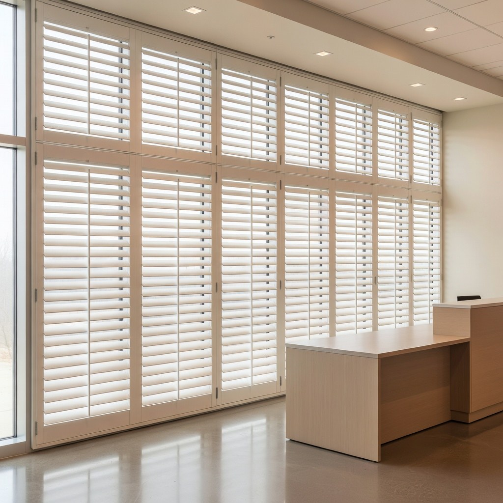White plantation shutters installed in a professional office-style interior