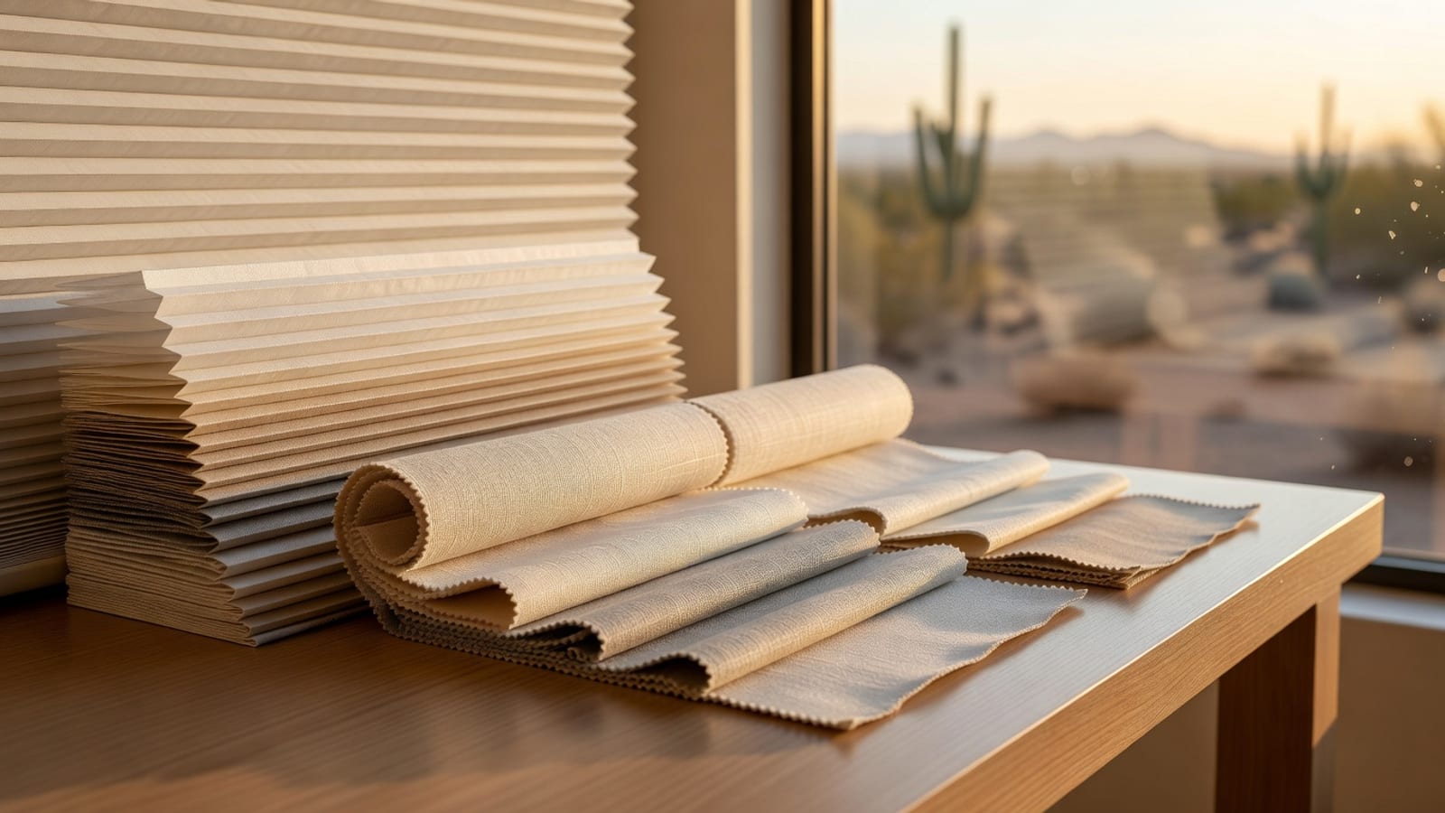 Neutral cellular and roller shade samples beside a desert window.